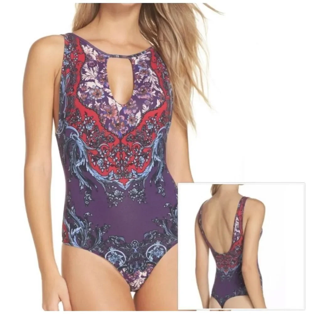 Free People Women’s All the Parties Purple Bodysuit Keyhole Front Low Back M